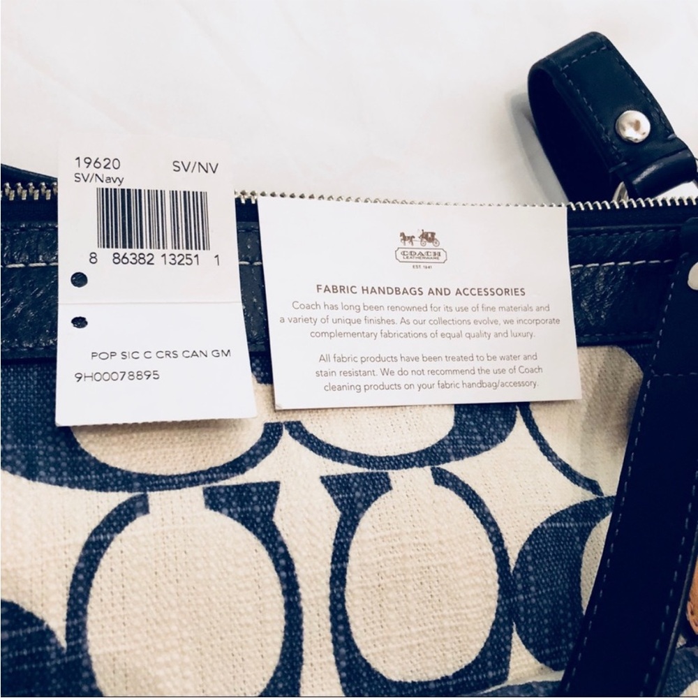 RARE Coach Poppy Signature C Crosshatch Canvas Glam Tote Denim blue and white - Picture 7 of 8